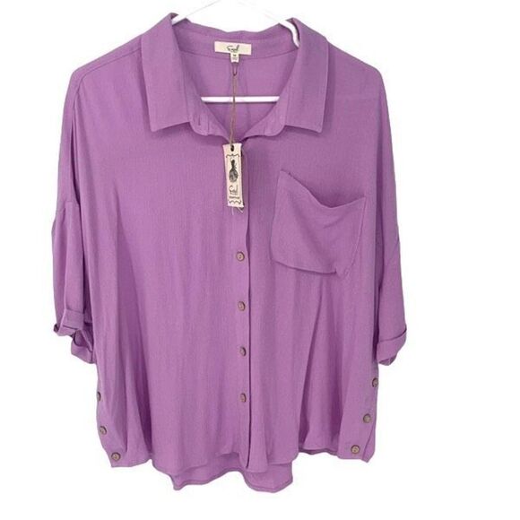 Easel Women’s Button Up Rayon Shirt Top 3/4 Sleeve Cuffed Pocket Purple Size Med - Picture 1 of 9